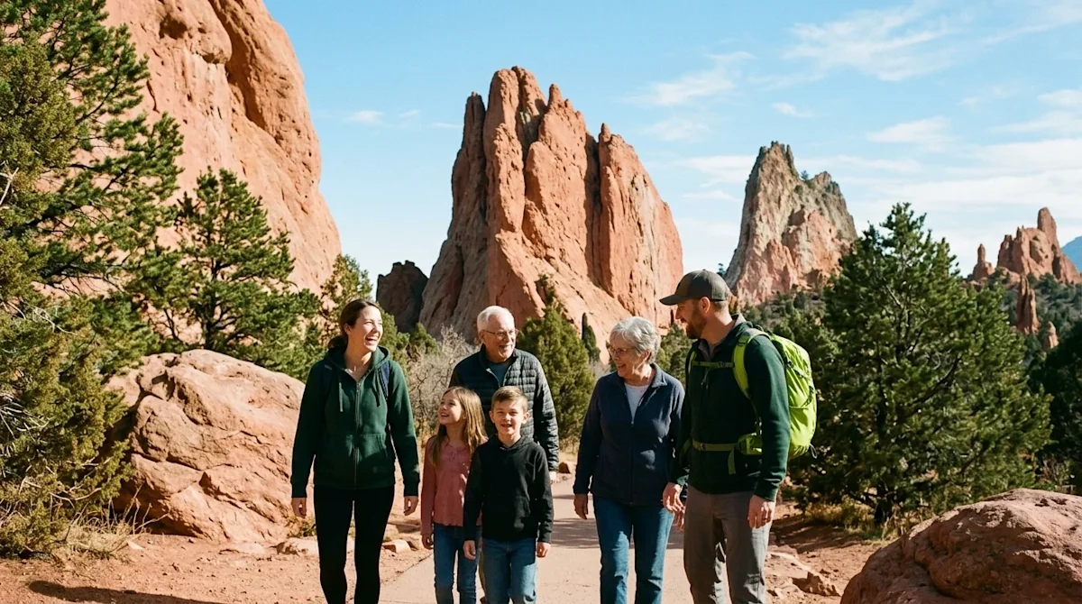 A candid, 35mm film lifestyle photograph of a happy family hiking on a bright, sunny trail at Garden of the Gods in Colorado