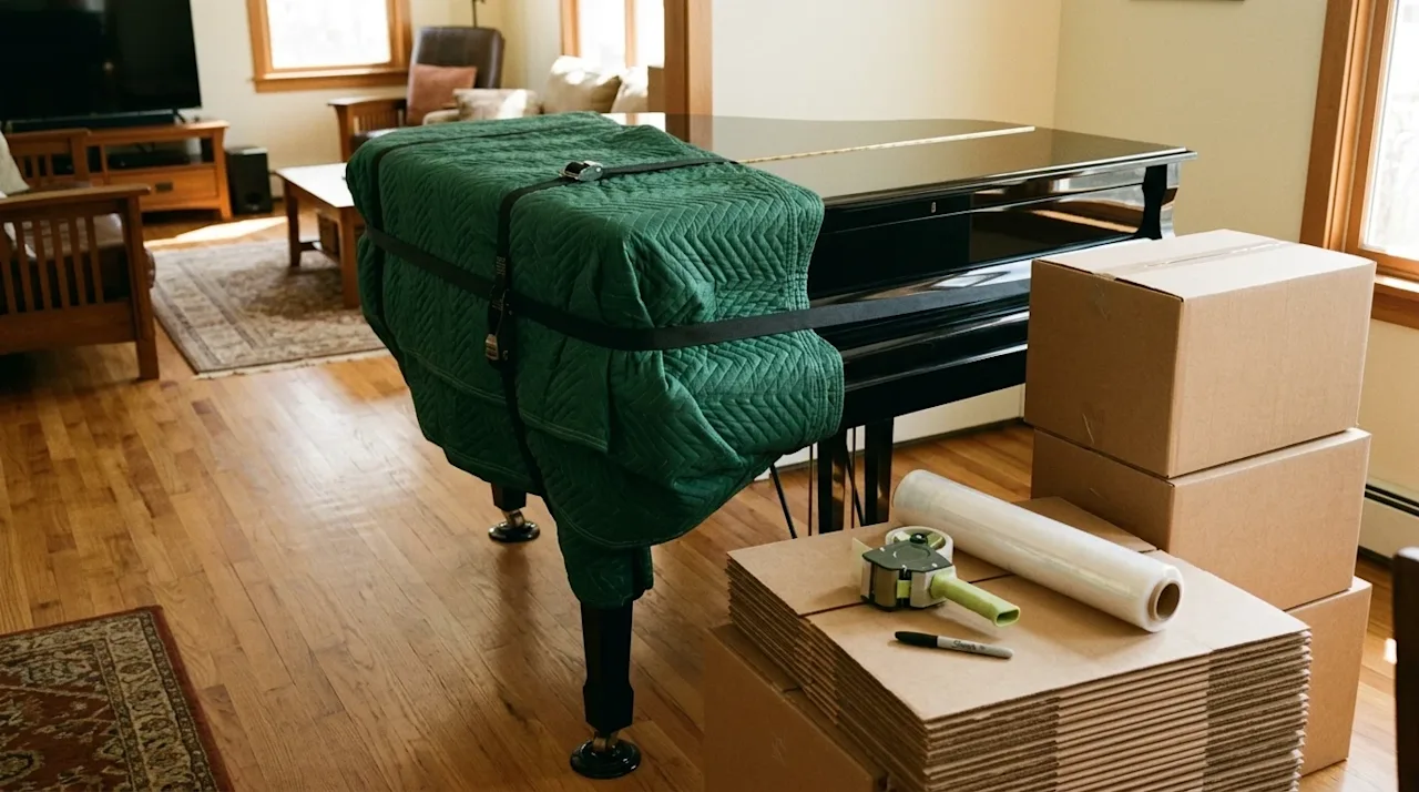 A grand piano in a warm, inviting residential living room with hardwood floors, being wrapped in a blanket to move.