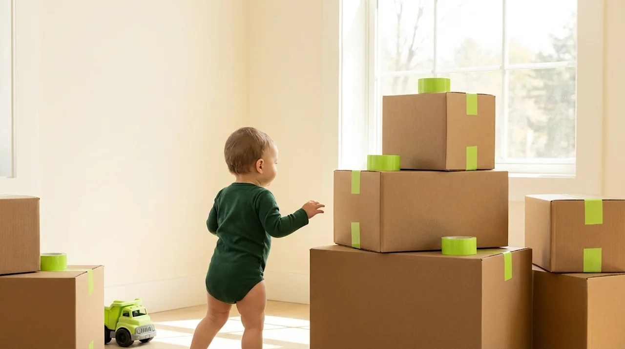 Toddler reaching for stacked cardboard boxes with lime green tape in a sunlit home, depicting baby steps in moving.