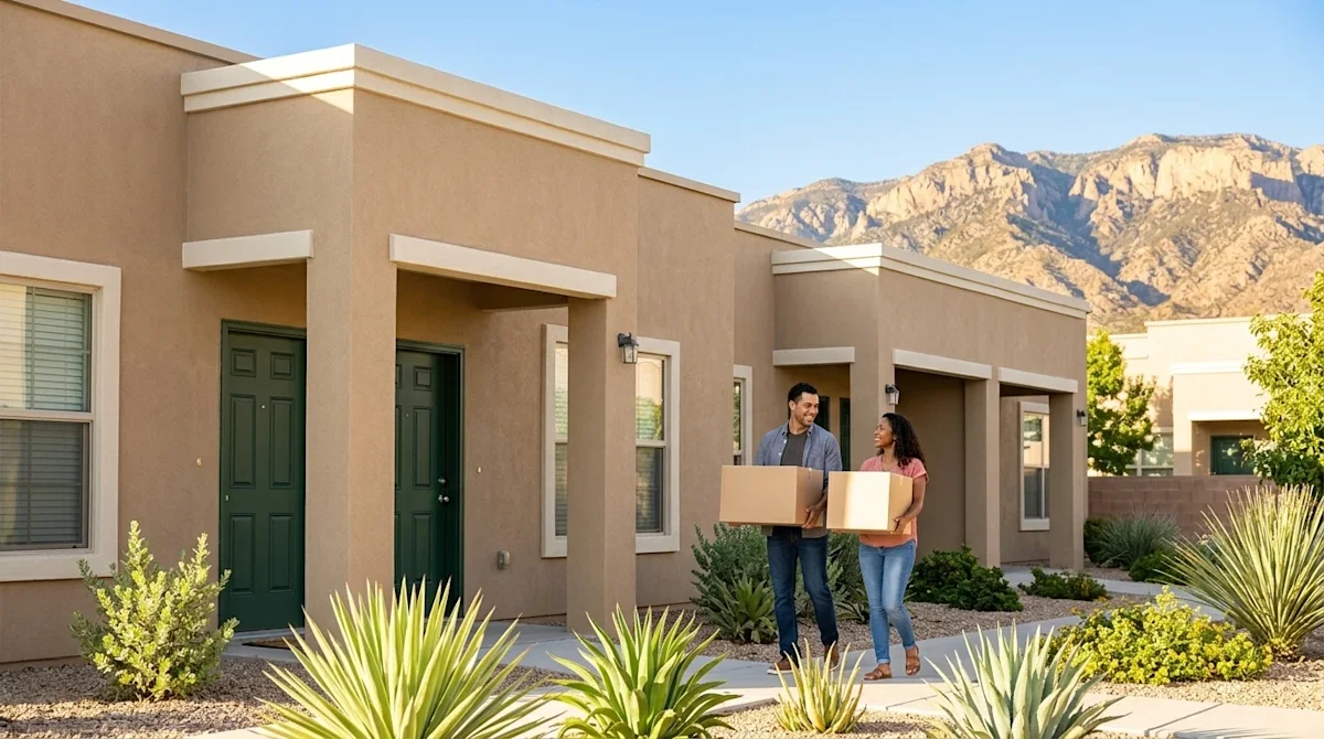 A photorealistic, high-resolution architectural and lifestyle photograph of a beautiful, welcoming apartment complex in Albuquerque.