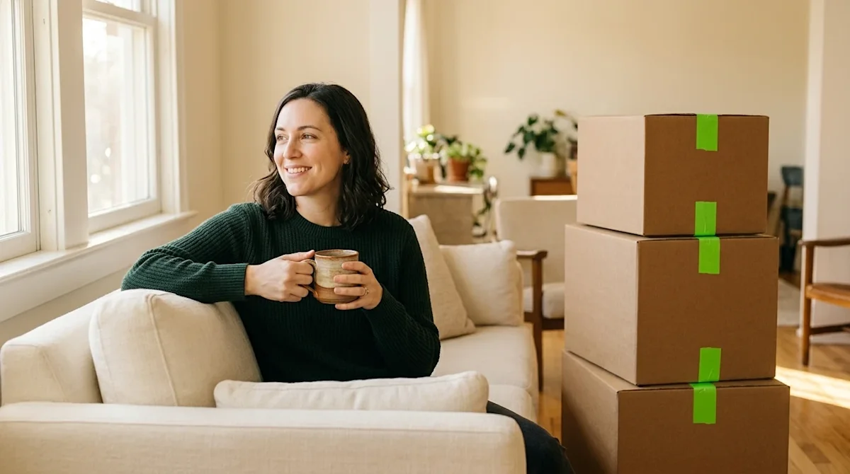 High-quality, candid documentary-style photography of a calm, smiling individual sitting comfortably in a bright, sunlit livi
