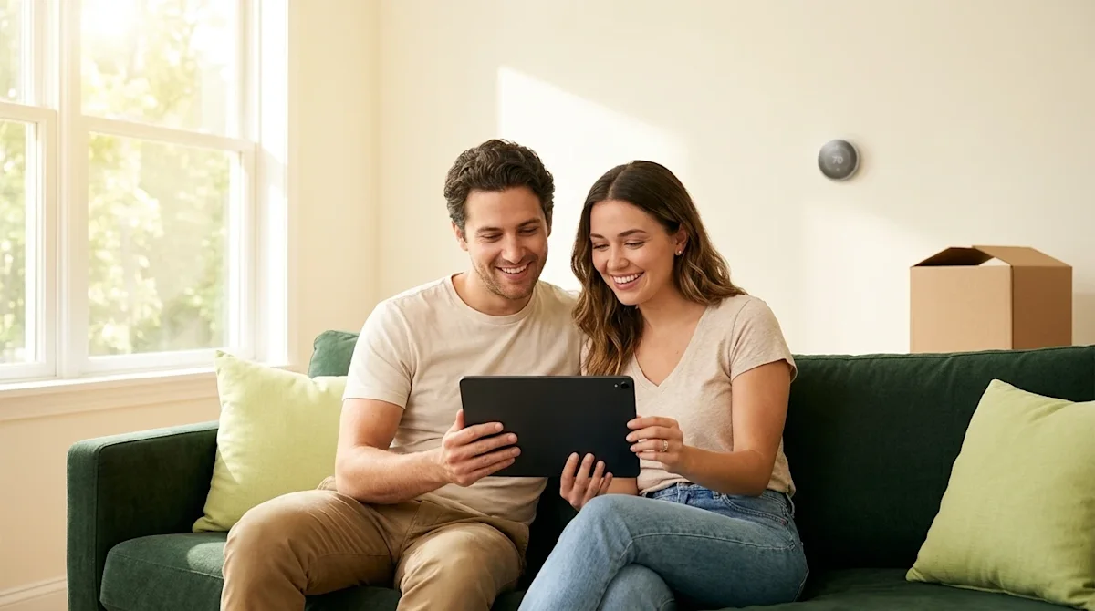 Professional marketing photography of a happy, comfortably cool young couple sitting on a dark forest green sofa in a bright,
