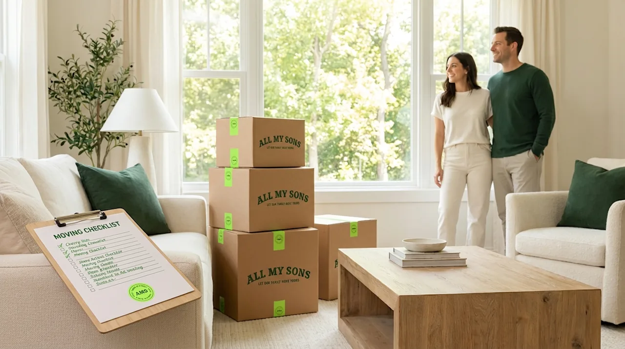 Flat lay of moving essentials including stacked boxes, packing tape, checklist, and keys with an AMS tag on a cream background