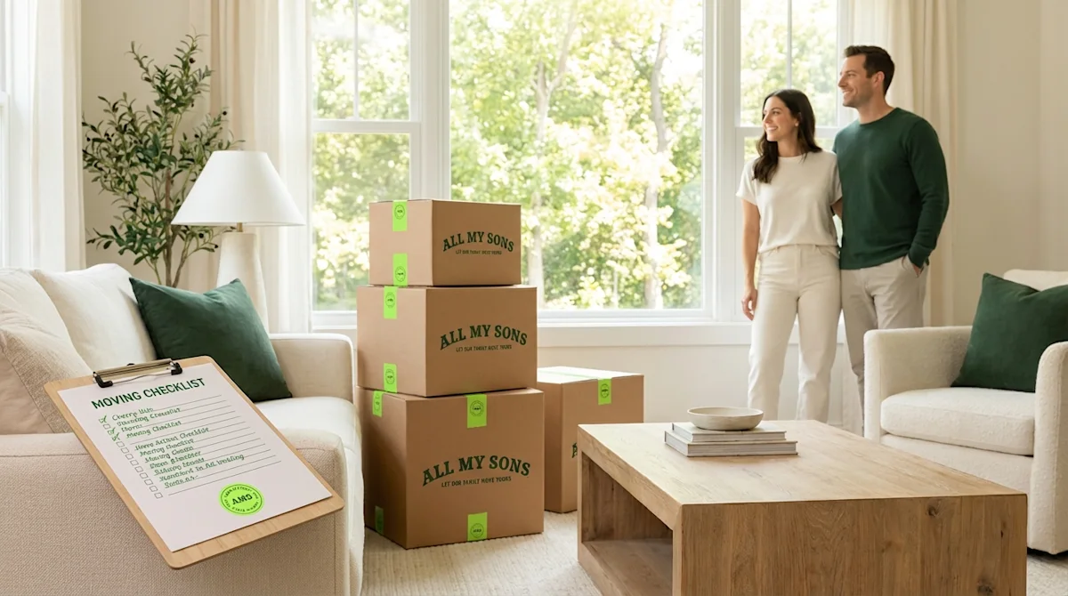 Flat lay of moving essentials including stacked boxes, packing tape, checklist, and keys with an AMS tag on a cream background