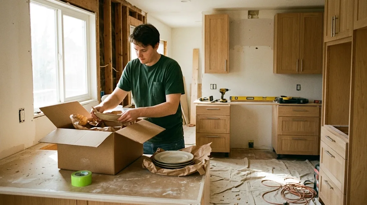 Candid lifestyle photography of a kitchen undergoing a major renovation. The room is an exciting mix of exposed wooden framin