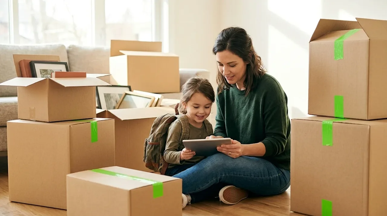 A candid, warm lifestyle photograph of a mother and her young child sitting comfortably on the floor of a bright, partially u