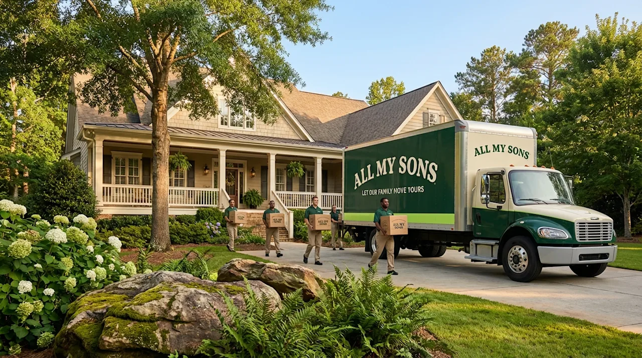 All My Sons movers carrying boxes from a green truck at a beautiful suburban home in Hoover, Alabama.