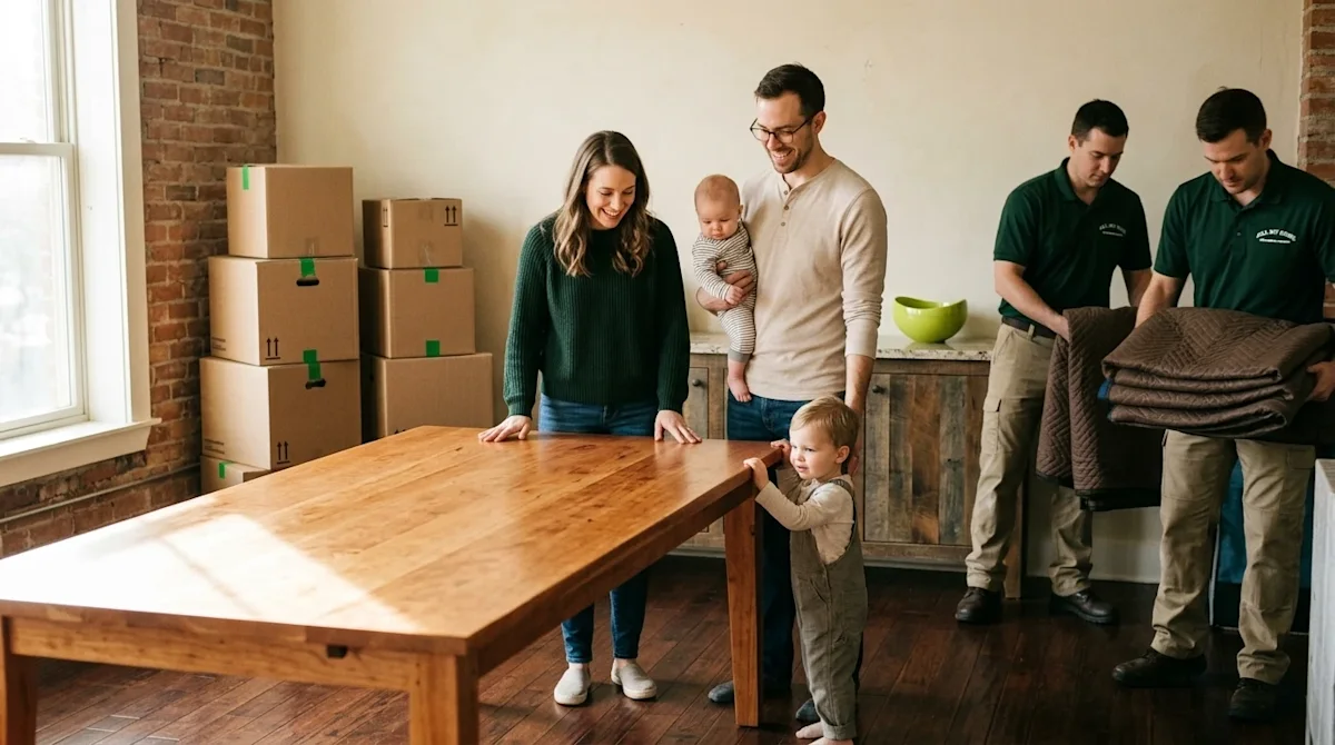 Candid 35mm film photography of a beautiful, newly purchased solid wood dining table being placed in a warmly lit, inviting h