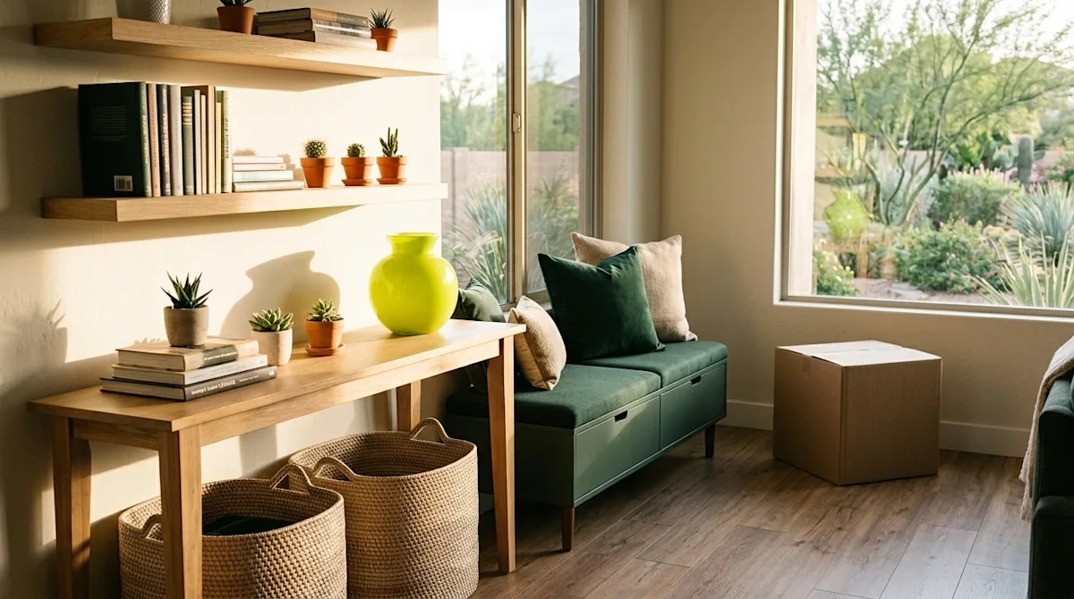 A high-quality lifestyle photograph of a beautifully decorated, functional living space in a warm, sunlit Phoenix, Arizona ho