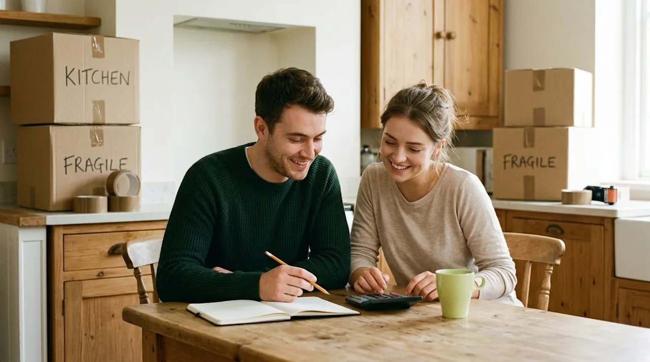 Candid, documentary-style 35mm photography of a happy young couple sitting at a wooden kitchen table, looking relieved and sm