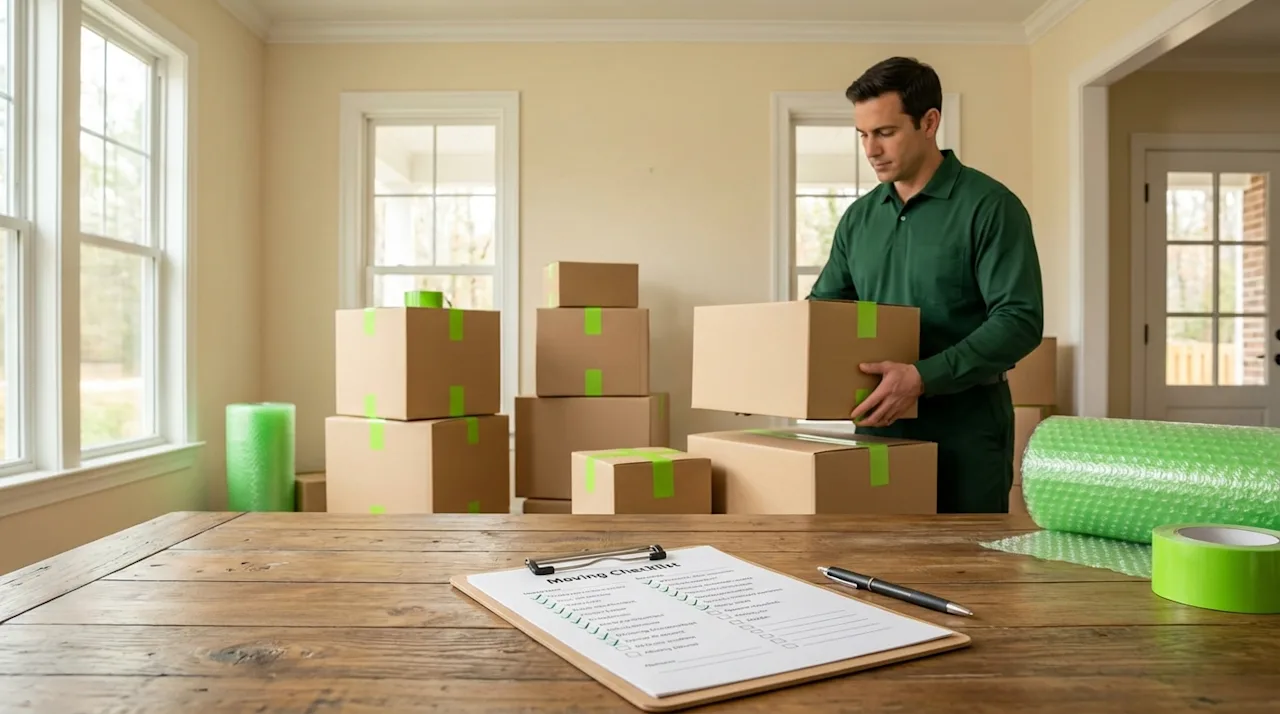 Moving checklist on a clipboard with a professional mover organizing boxes in a warm, cream-colored room.