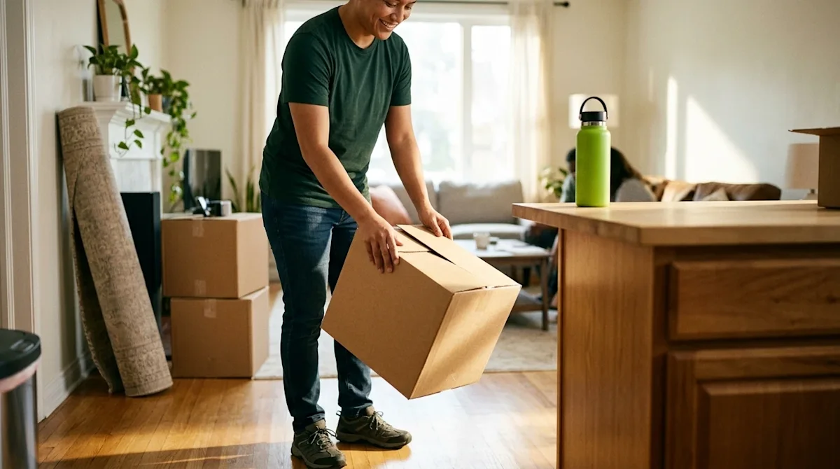 A candid, realistic lifestyle photograph of a person demonstrating the ideal outfit for moving day. The subject is wearing hi