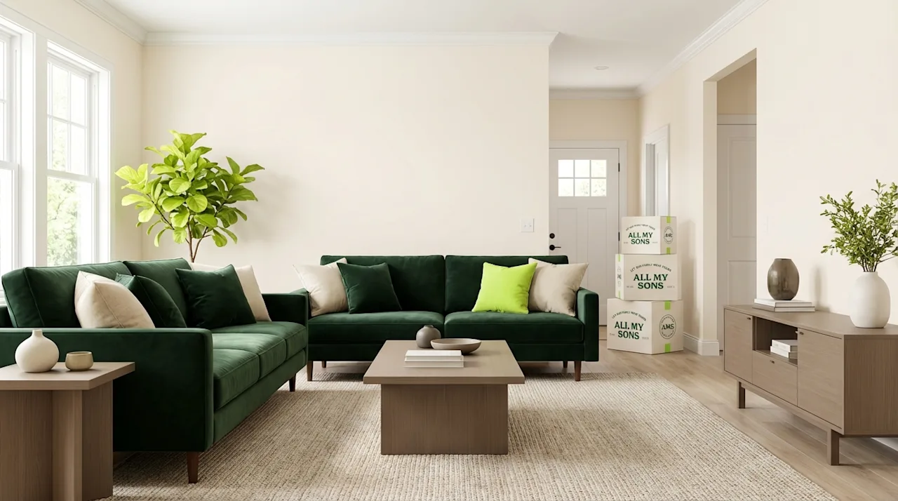 Staged modern living room with green velvet sofa and All My Sons moving boxes.