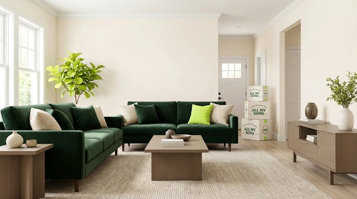 Staged modern living room with green velvet sofa and All My Sons moving boxes.