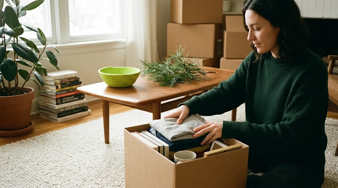 Candid 35mm film photography of a person sitting on a cream-colored rug in a cozy, softly lit living room, carefully organizi