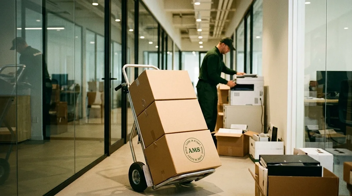 Candid 35mm film photography of a corporate office relocation in progress. A sturdy hand truck loaded with neatly stacked car