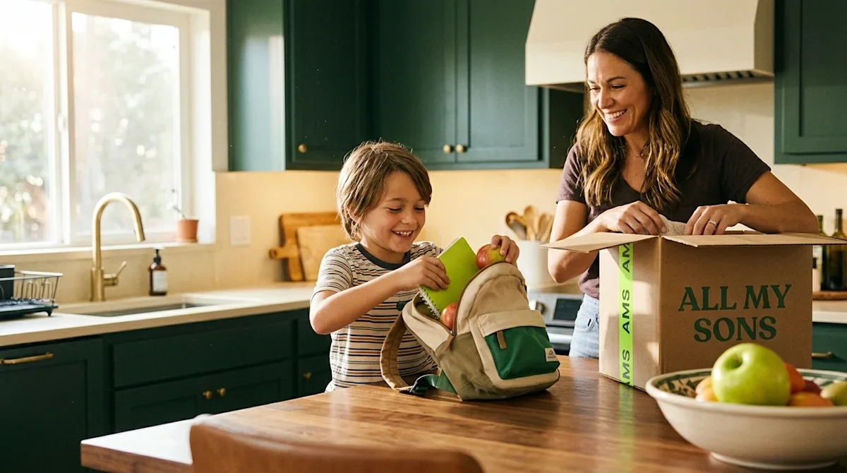 A candid, warm lifestyle photograph of an elementary-aged child happily packing a school backpack at a bright kitchen island,
