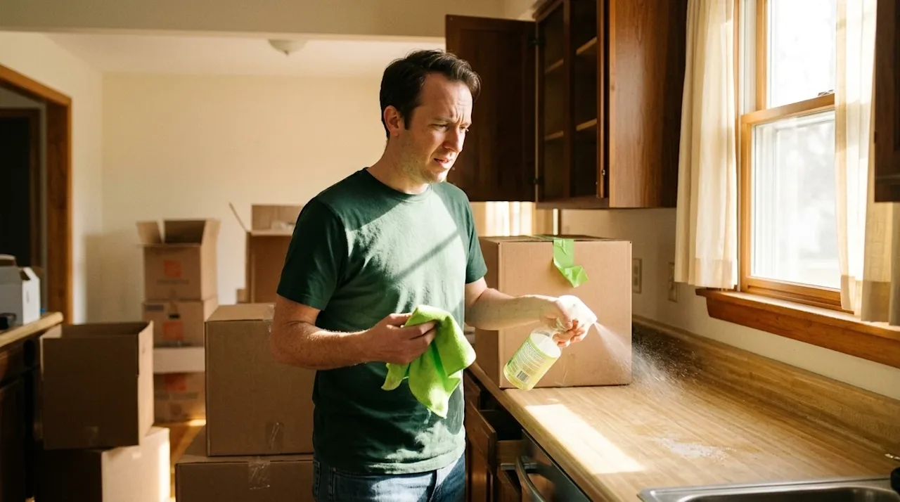 A candid lifestyle photograph of a person standing in the partially unpacked kitchen of a new home, looking slightly overwhel