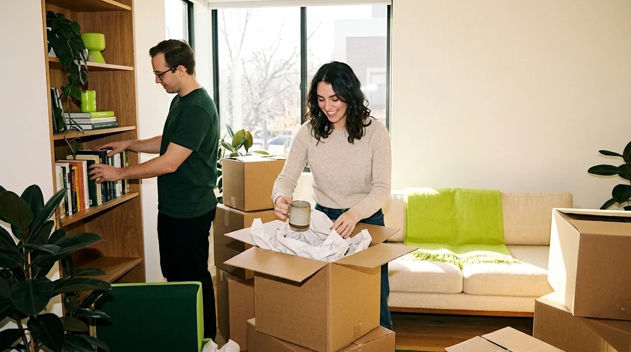 Candid lifestyle photograph of a young couple efficiently unpacking kraft brown moving boxes in a bright, sunlit modern livin