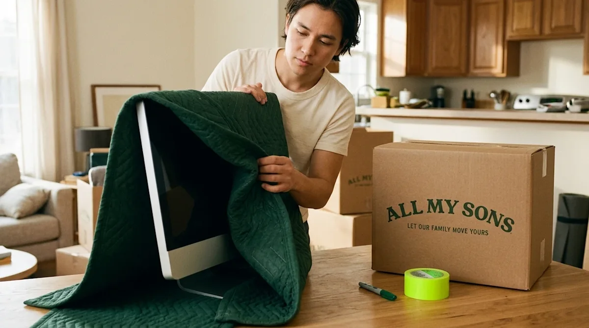 A candid, high-quality editorial photograph of a person carefully packing delicate home electronics for a move. The person is