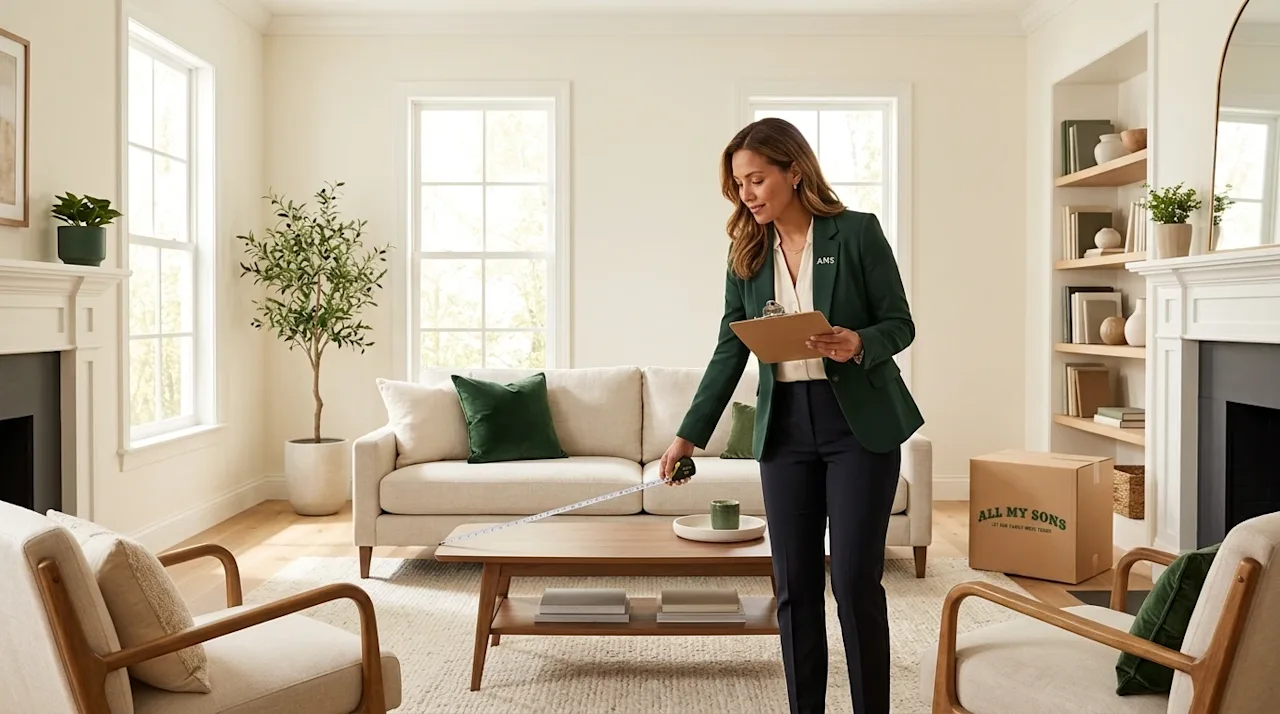 Professional marketing lifestyle photography of a home appraisal in progress. A casually professional appraiser stands inside