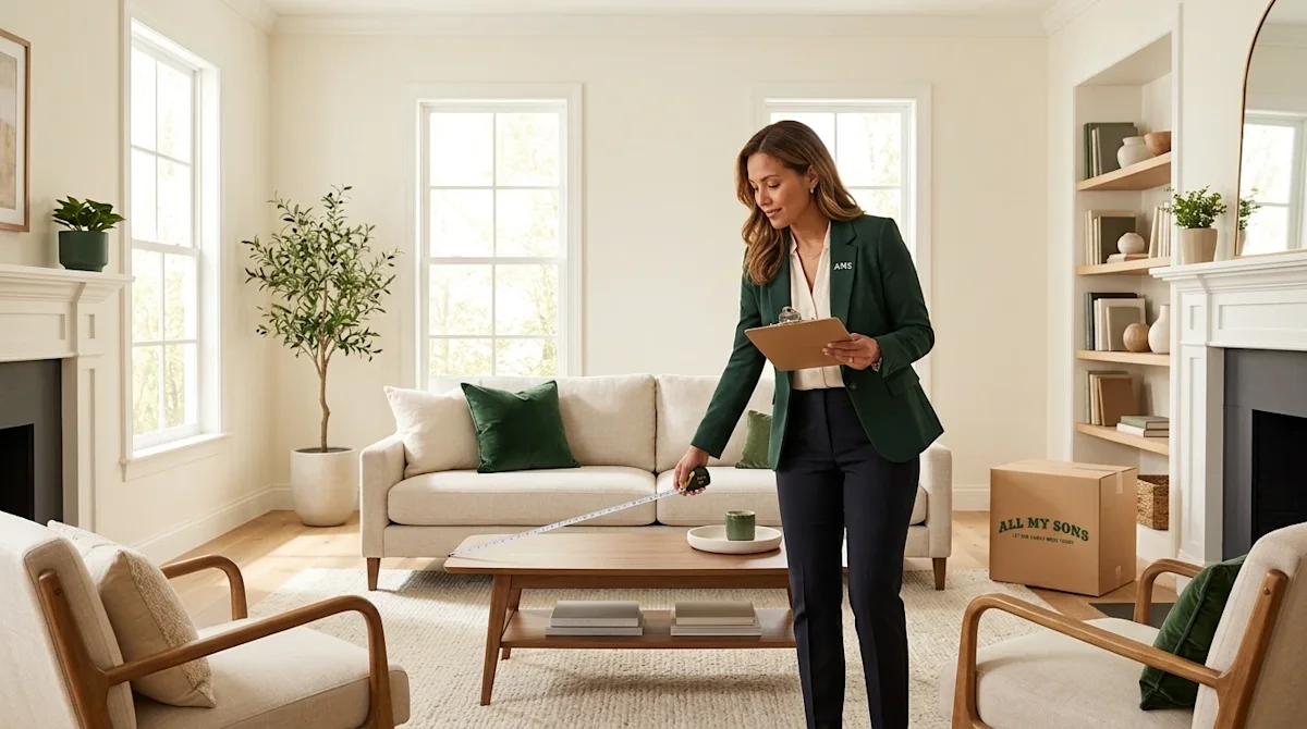 Professional marketing lifestyle photography of a home appraisal in progress. A casually professional appraiser stands inside