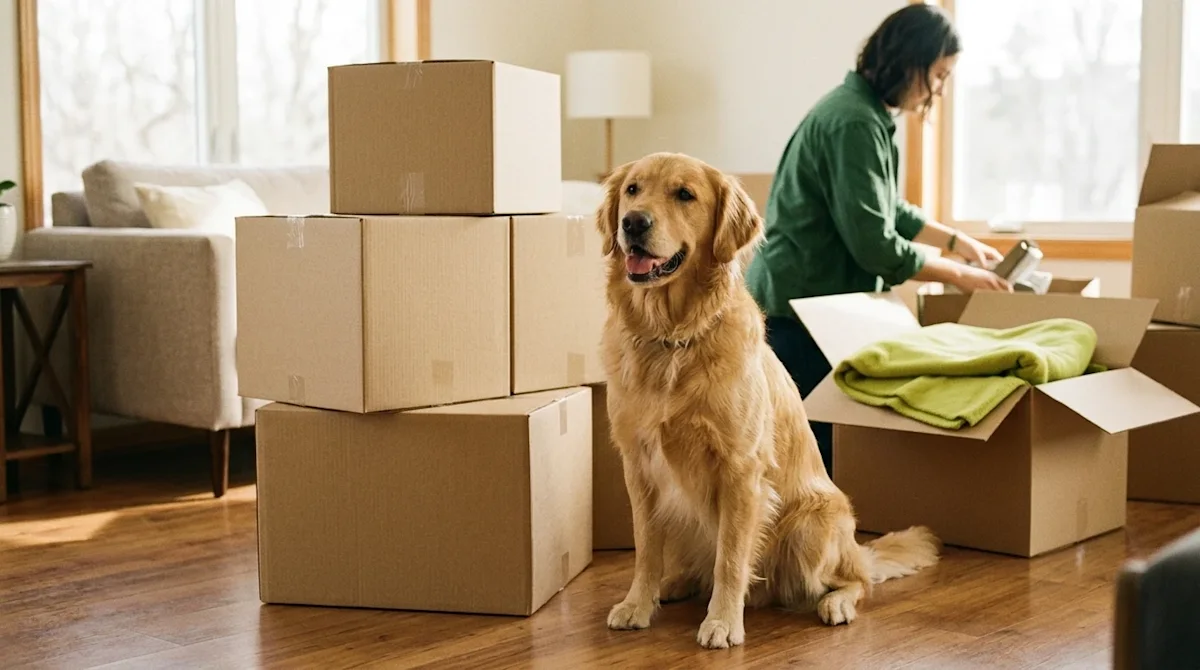 Candid lifestyle photography of a stress-free moving day with a pet. A happy golden retriever sits attentively on a warm wood