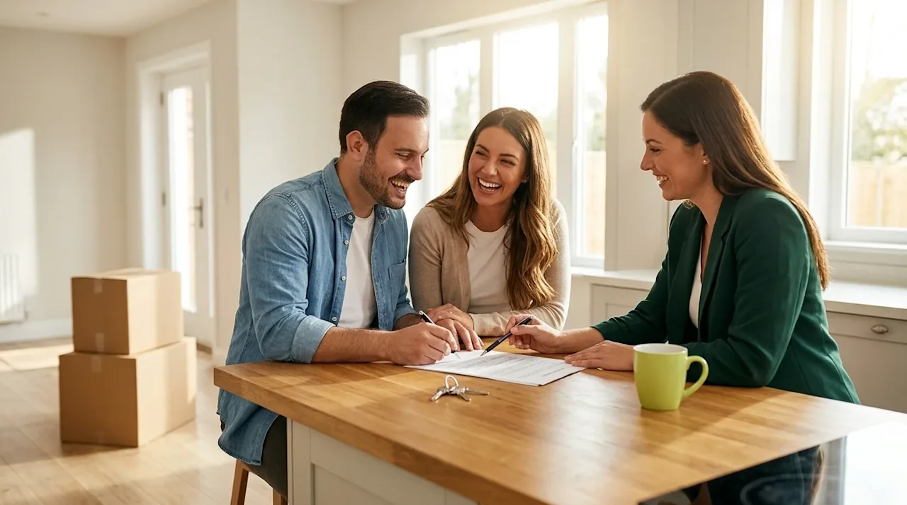 Professional marketing photography of a joyful couple sitting at a warm wooden kitchen island in a bright, sunlit modern home