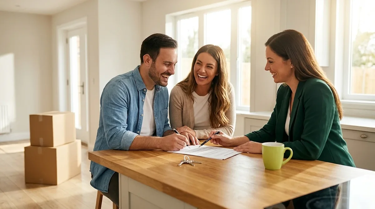 Professional marketing photography of a joyful couple sitting at a warm wooden kitchen island in a bright, sunlit modern home