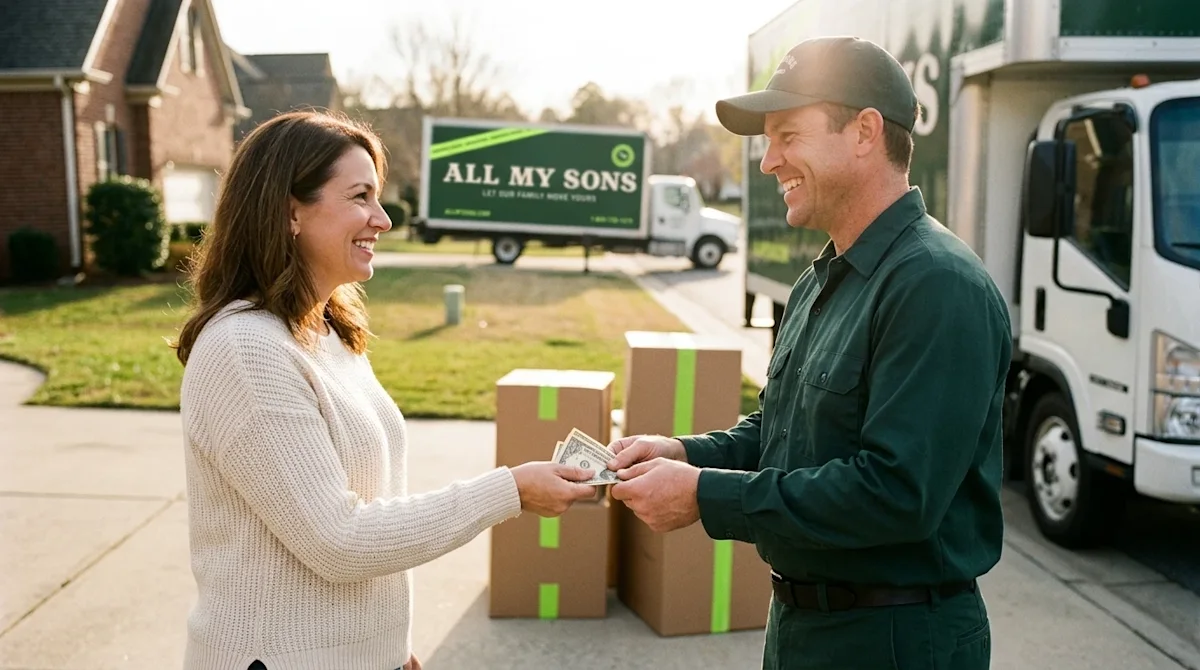 Candid 35mm film photography of a happy homeowner handing a cash tip of folded US dollar bills to a smiling professional move