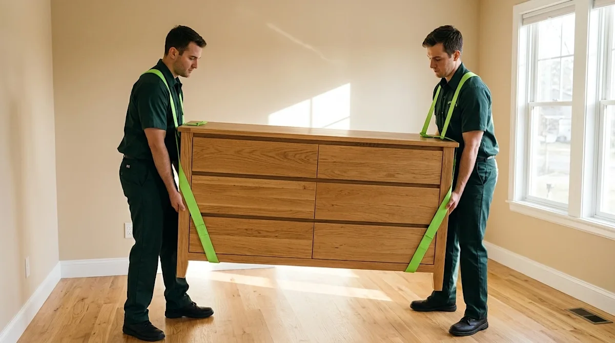 Professional marketing photography of two professional movers safely lifting a large, heavy solid oak dresser in a brightly l