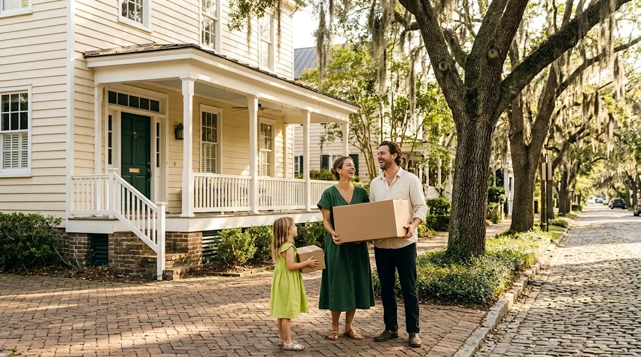 High-quality candid lifestyle photography of a smiling family standing outside a beautiful, historic home in a charming, fami