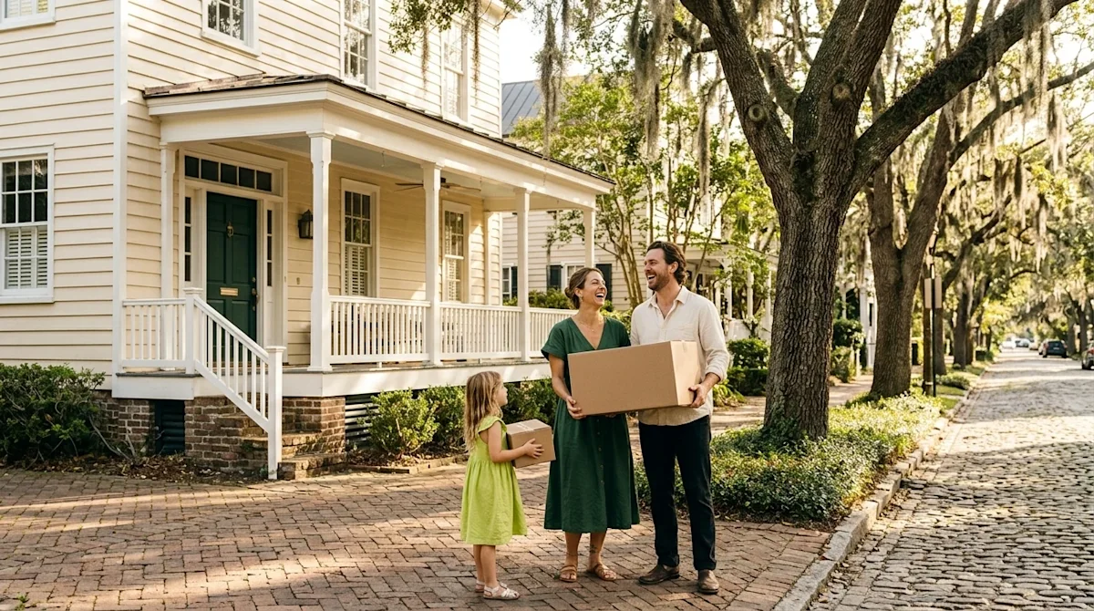 High-quality candid lifestyle photography of a smiling family standing outside a beautiful, historic home in a charming, fami