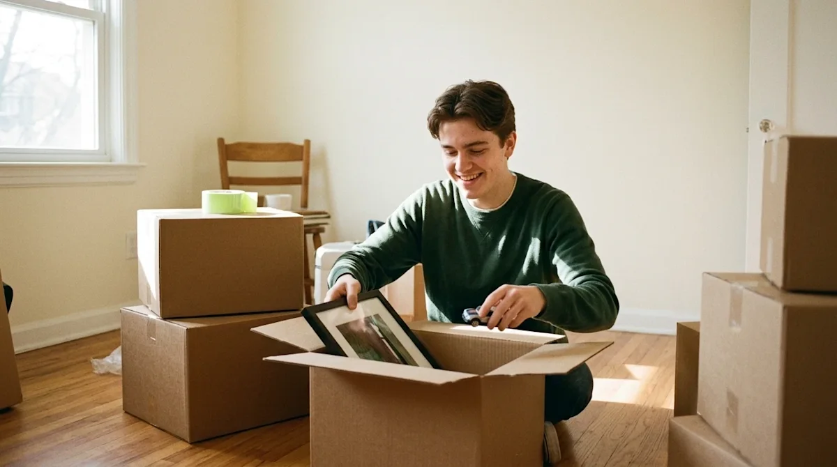 Candid documentary-style photography of a young adult in their early twenties packing up to move out for the first time. They