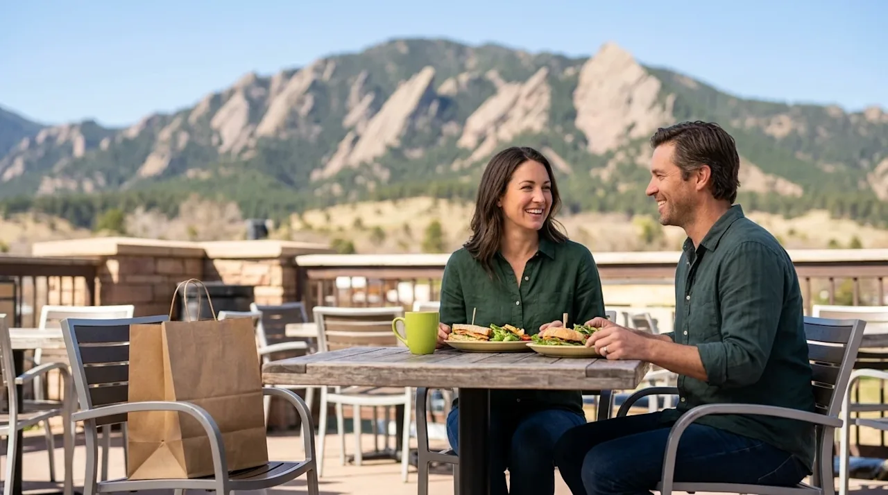 Clear, professional lifestyle marketing photography of a beautiful outdoor restaurant patio in Boulder, Colorado, with the ic