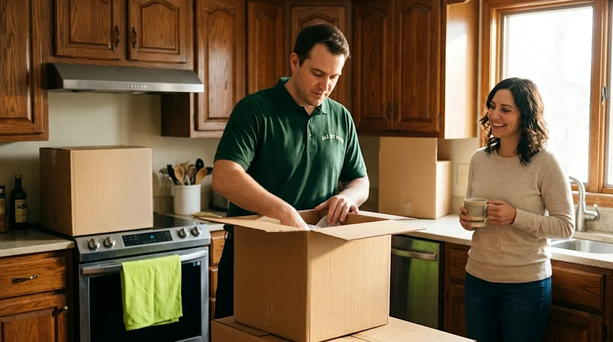 Candid lifestyle photography, 35mm film aesthetic, a professional home service mover wearing a deep forest green polo shirt c