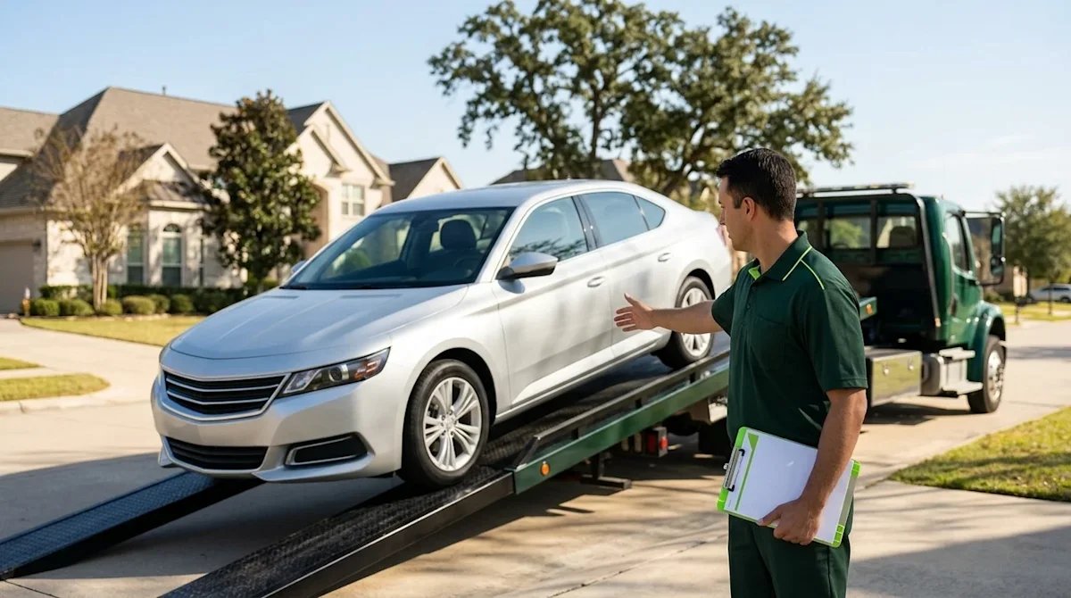 A professional marketing photograph of a pristine, modern silver sedan being carefully loaded onto a dark forest green flatbe