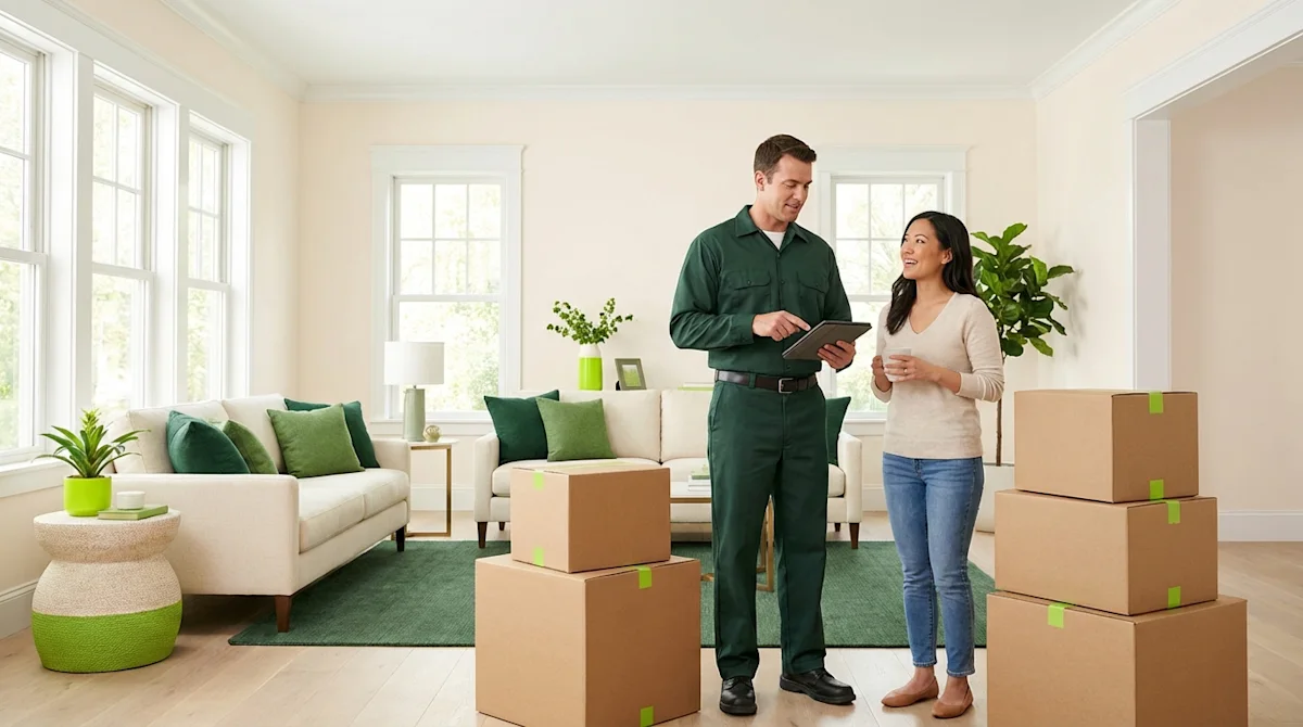 Professional mover in green uniform consulting with homeowner in bright living room with stacked moving boxes.
