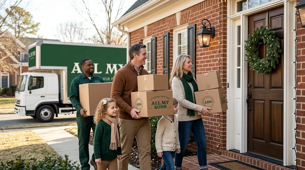 Clear, professional marketing photography of a happy family carrying a few neatly packed cardboard moving boxes into a beauti