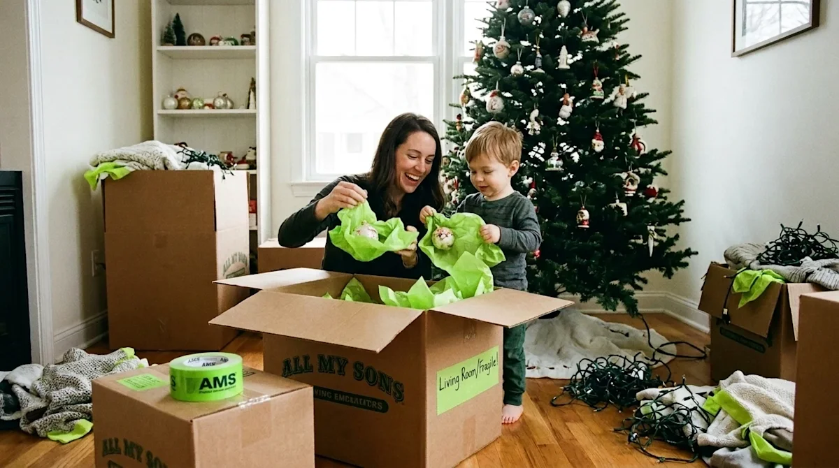 Candid lifestyle photograph of a family preparing their cozy home for the holidays, blending festive cheer with subtle moving