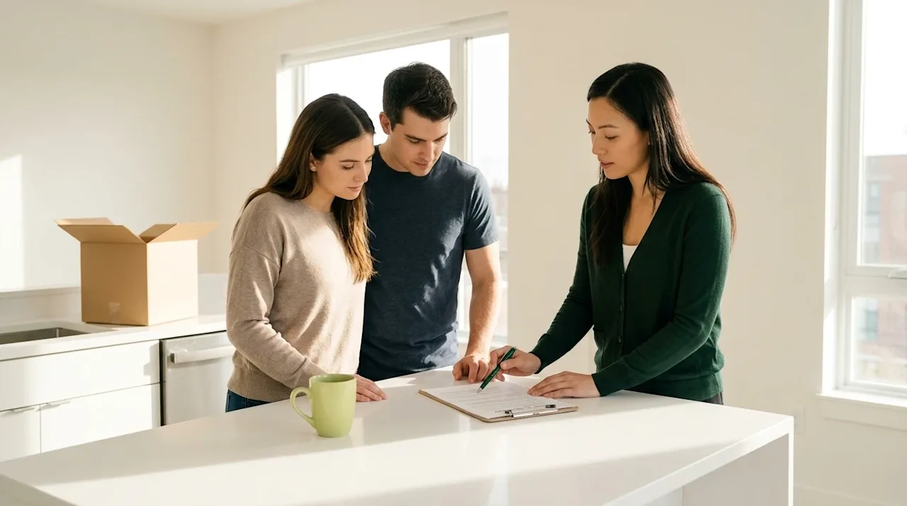 Professional marketing photography, lifestyle shot. A young adult couple stands in a bright, modern, sunlit empty apartment k