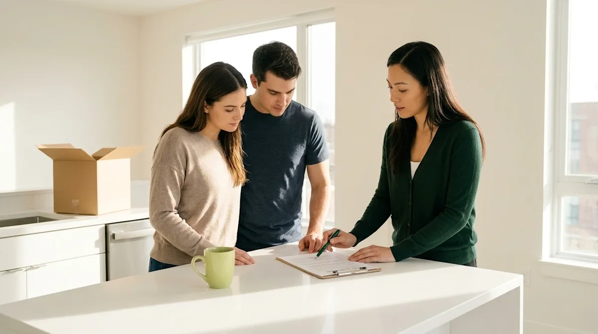 Professional marketing photography, lifestyle shot. A young adult couple stands in a bright, modern, sunlit empty apartment k