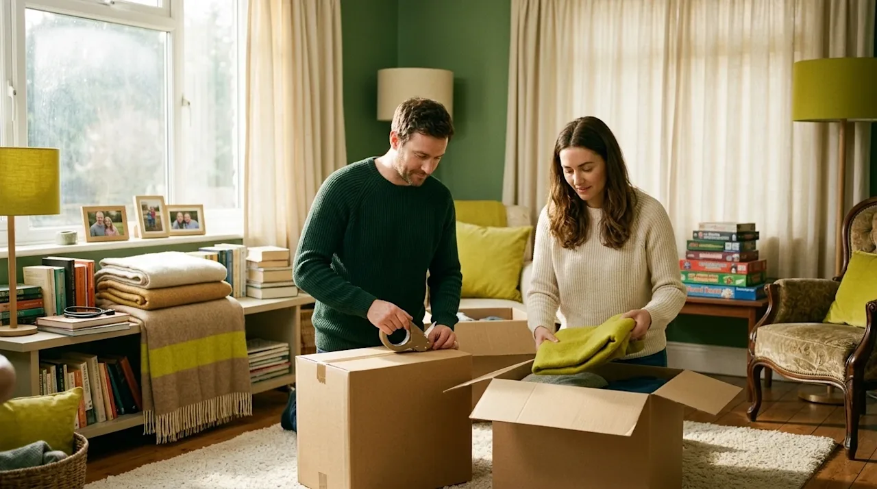 A candid, realistic lifestyle photograph shot on 35mm film of a couple actively decluttering a cozy, sunlit living room befor