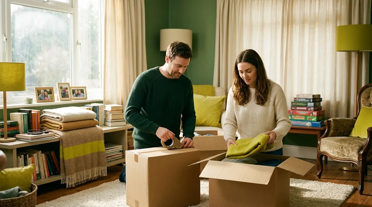 A candid, realistic lifestyle photograph shot on 35mm film of a couple actively decluttering a cozy, sunlit living room befor