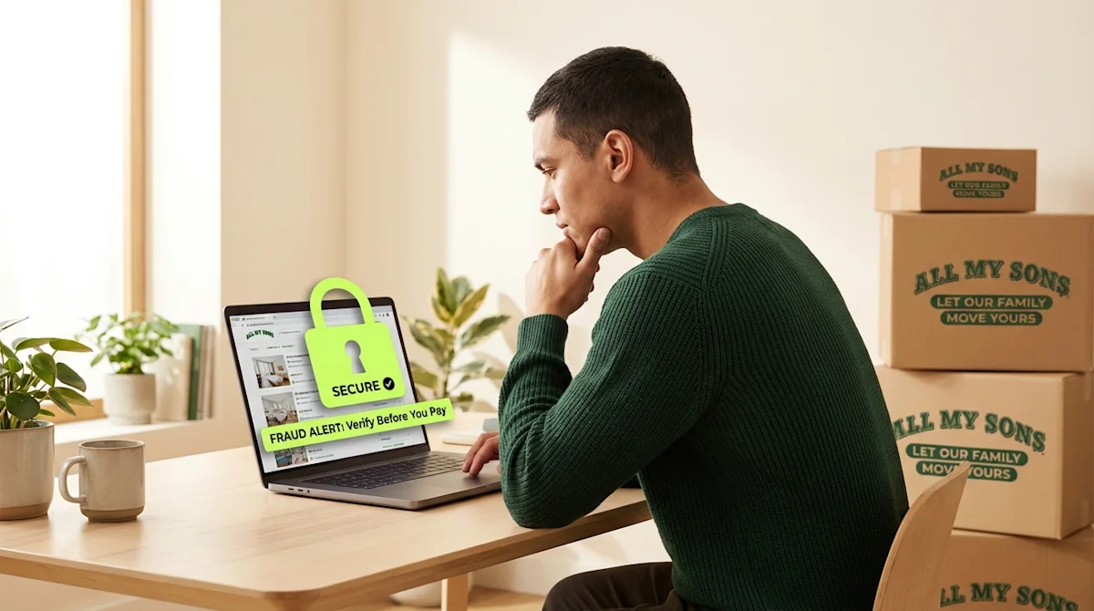 Man verifying online apartment listings with a security icon next to All My Sons branded moving boxes.