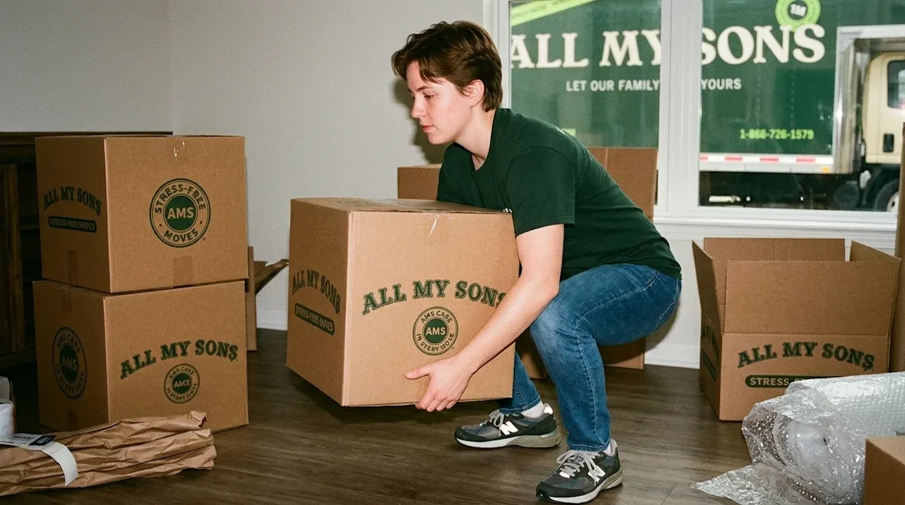 Candid lifestyle photography of a person demonstrating safe lifting techniques while packing for a home move. A young adult i