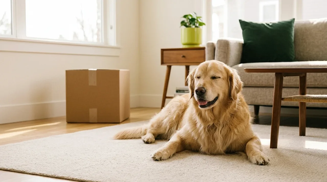 Candid lifestyle photography of a sparkling clean, sunlit living room featuring a happy, well-groomed golden retriever dog re