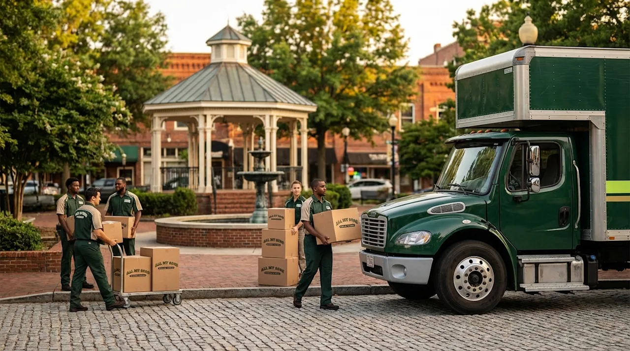 Professional movers with a green truck at historic Marietta Square featuring the iconic gazebo and fountain.
