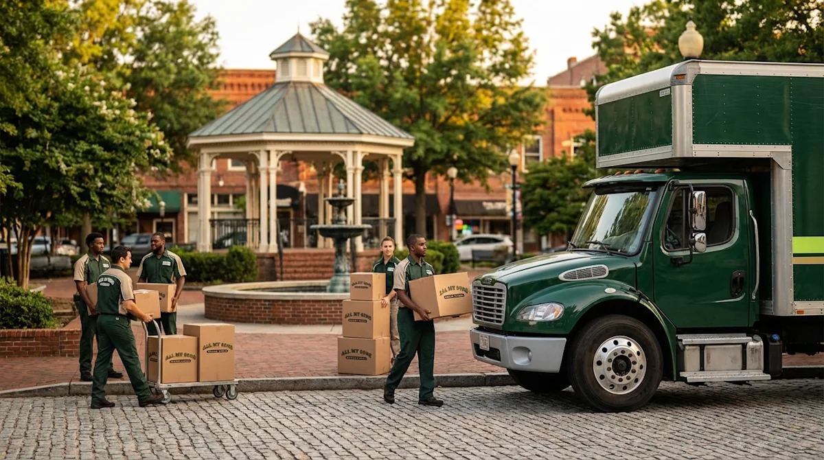 Professional movers with a green truck at historic Marietta Square featuring the iconic gazebo and fountain.