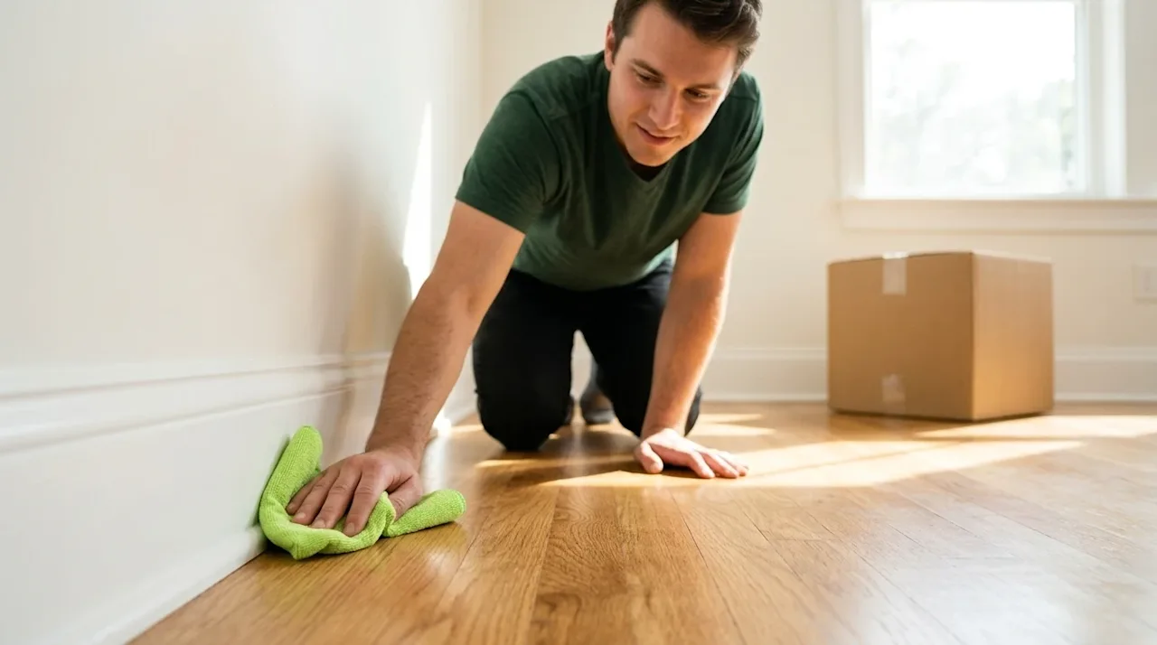 Professional lifestyle marketing photography of a young adult homeowner kneeling on a warm hardwood floor, diligently wiping